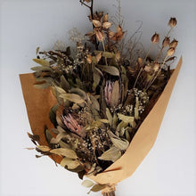 Load image into Gallery viewer, Dried bouquet with cotton husks, nigella pods, protea and eucalyptus.

