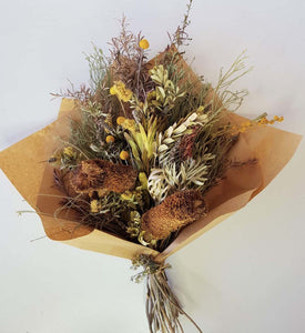 Dried bouquet with protea, billy buttons, leucadendron , banksia & wattle