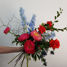 Load image into Gallery viewer, Bright bouquet of peonies, roses and delphinium
