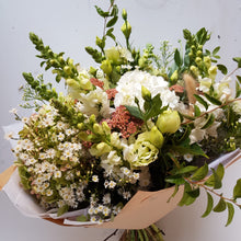 Load image into Gallery viewer, Woodland inspired bouquet with snapdragons, lisianthus and bunny tails
