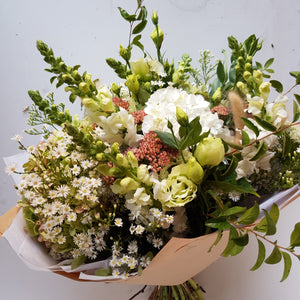 Woodland inspired bouquet with snapdragons, lisianthus and bunny tails