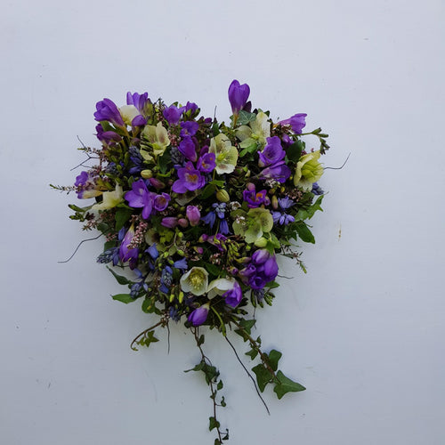 Purple and blue flower heart wreath